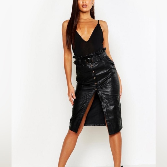 Boohoo Dresses & Skirts - 1. NWT Boohoo Black faux leather midi skirt with button detail and belt SZ 2